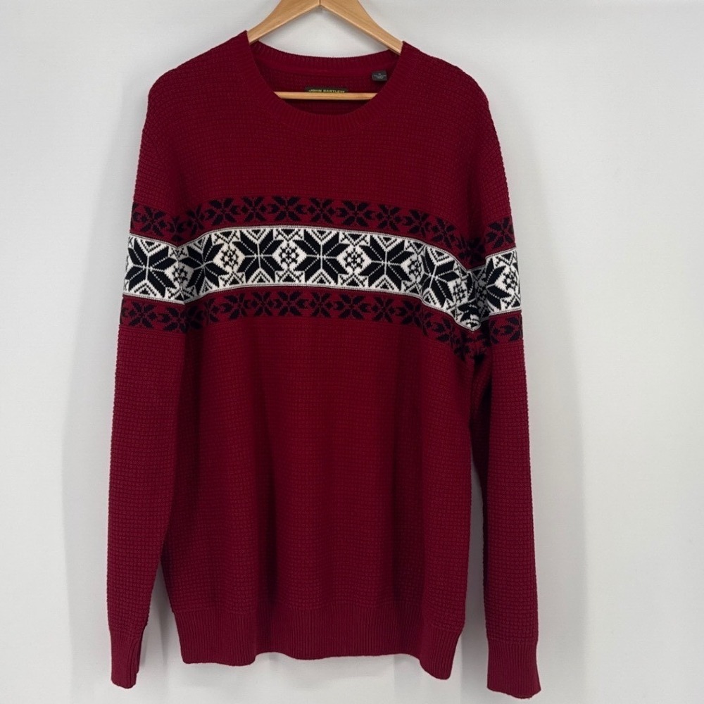John Bartlett Consensus Mens Sweater XL Red Fair Isle Snowflake Cotton Knit